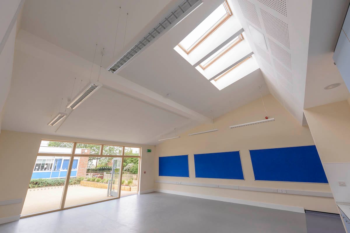 Bright classroom with skylights and blue boards