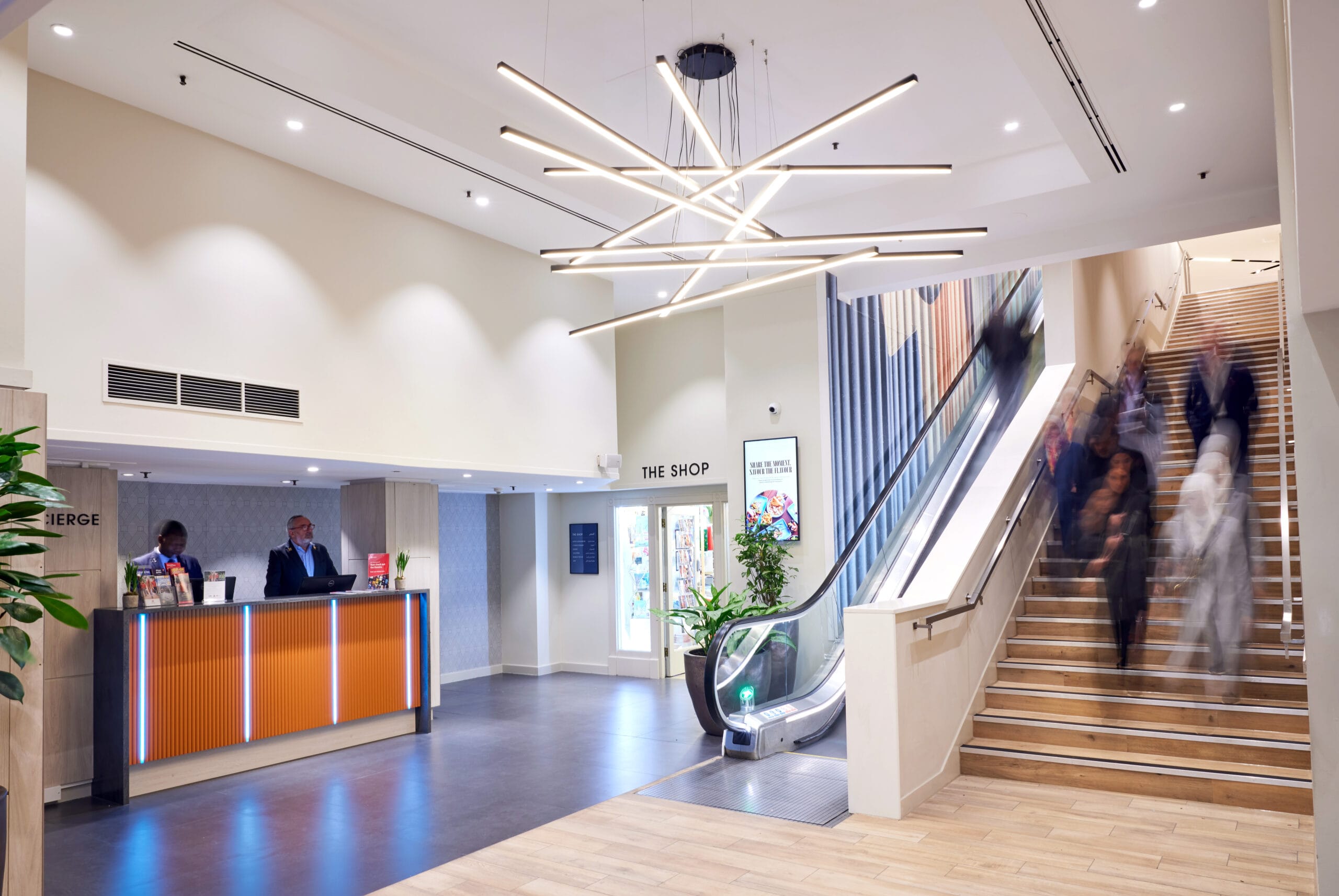 big feature light within hotel lobby entrance