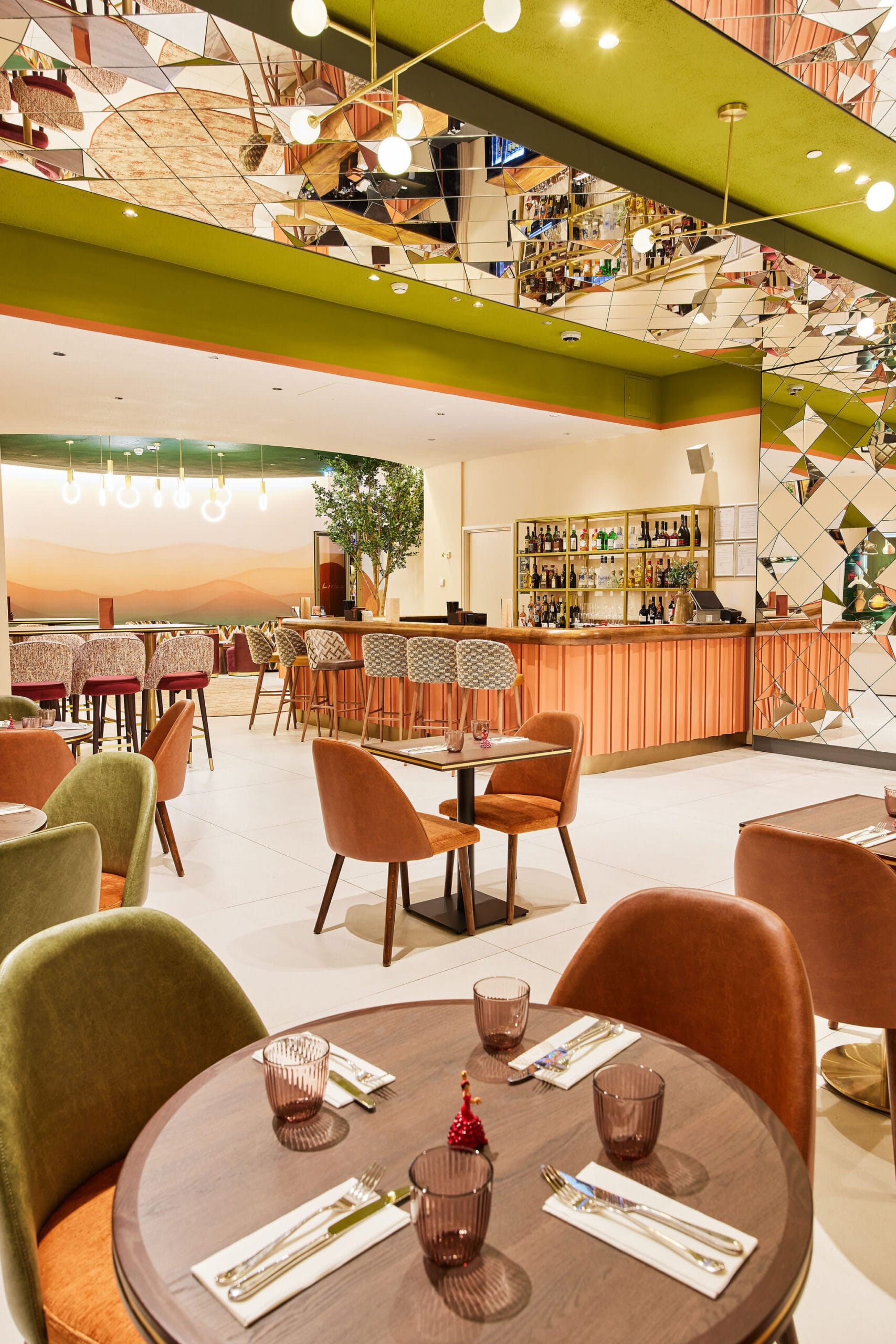 Modern restaurant interior with bar and stylish seating