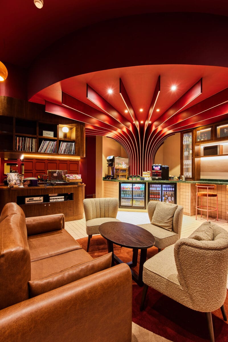 Modern lounge with stylish bar and seating area