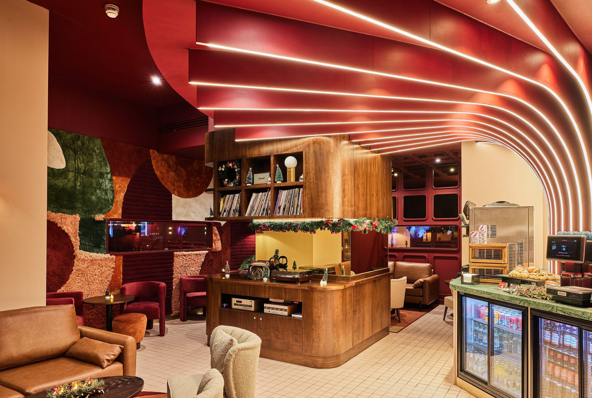 Modern cafe interior with warm lighting and decor